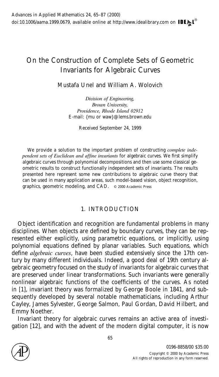 On the Construction of Complete Sets of Geometric Invariants for Algebraic Curves by Unel M. et al