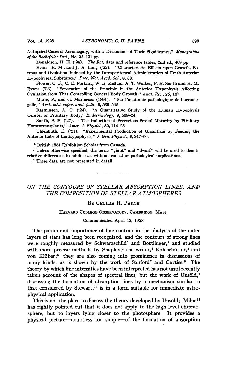 On the Contours of Stellar Absorption Lines, and the Composition of Stellar Atmospheres by Cecilia Helena Payne Gaposchkin