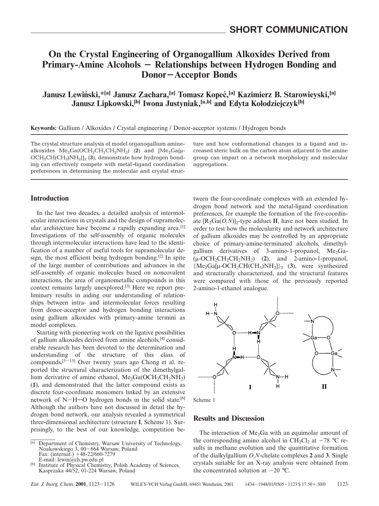 On the Crystal Engineering of Organogallium Alkoxides Derived from Primary-Amine Alcohols - Relationships between Hydrogen Bonding and Donor-Acceptor Bonds by Unknown