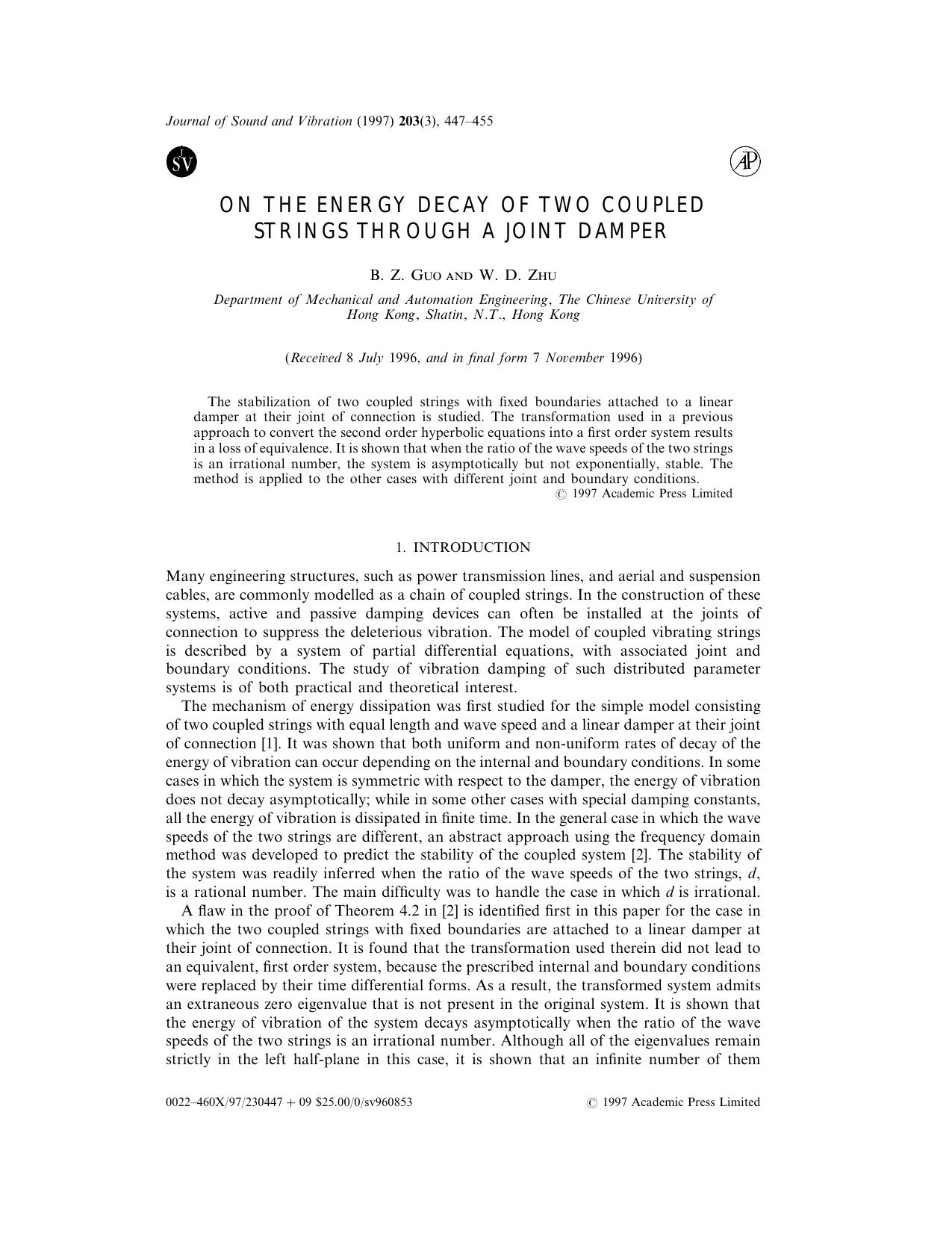 On the Energy Decay of Two Coupled Strings Through a Joint Damper by Guo B. Z. & Zhu W. D