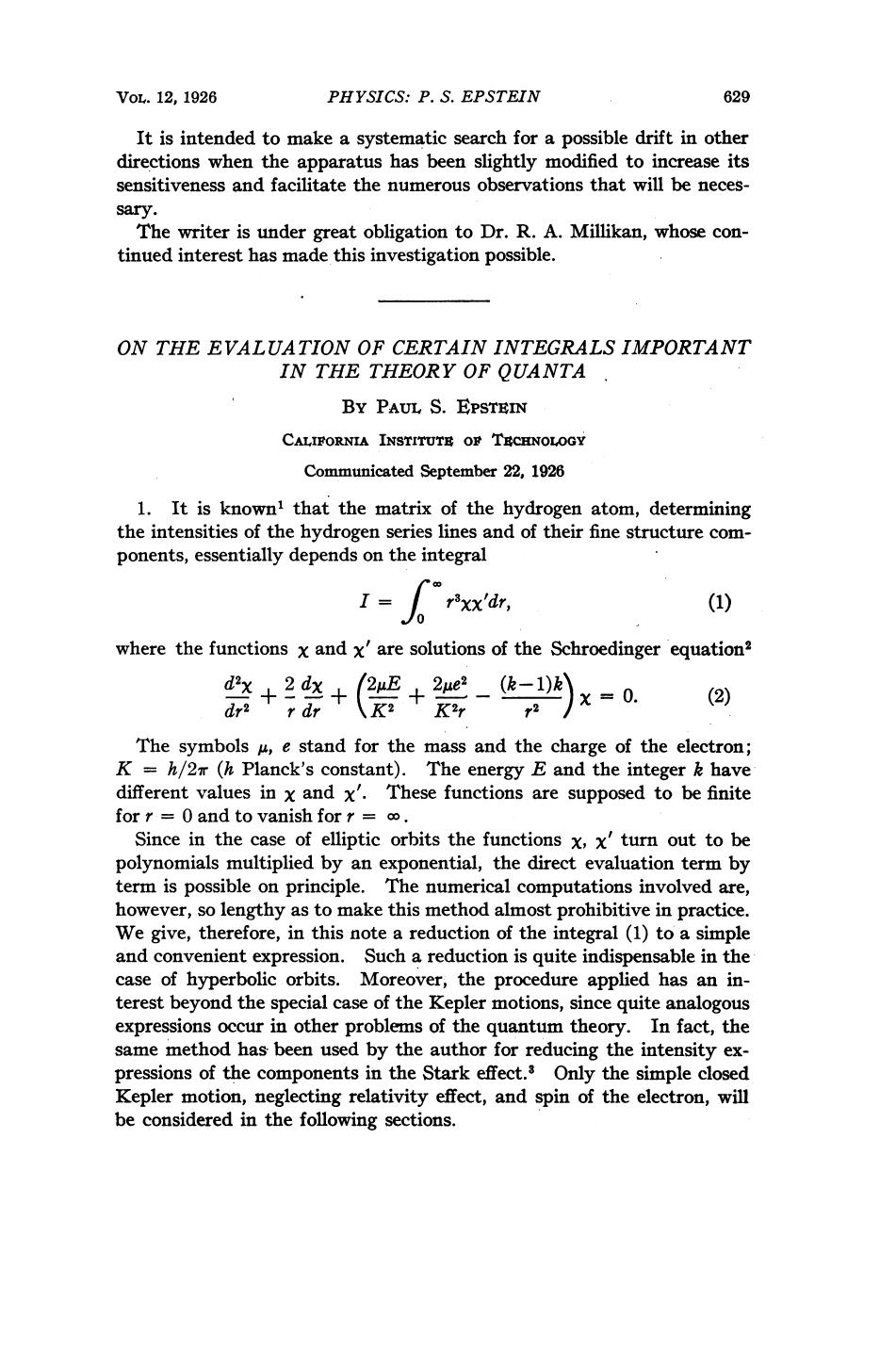 On the Evaluation of Certain Integrals Important in the Theory of Quanta by Epstein P. S