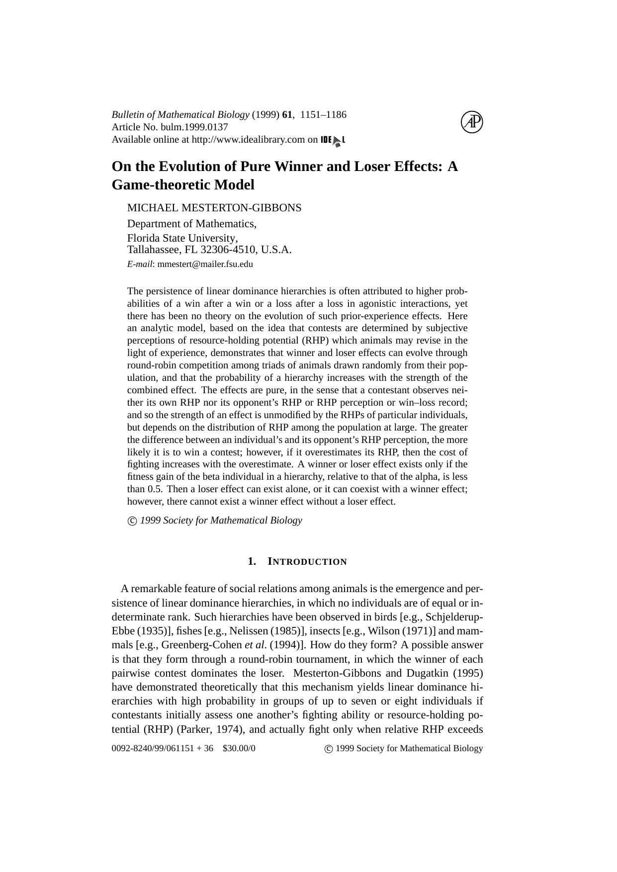 On the Evolution of Pure Winner and Loser Effects: A Game-theoretical Model by M. Mesterton-Gibbons