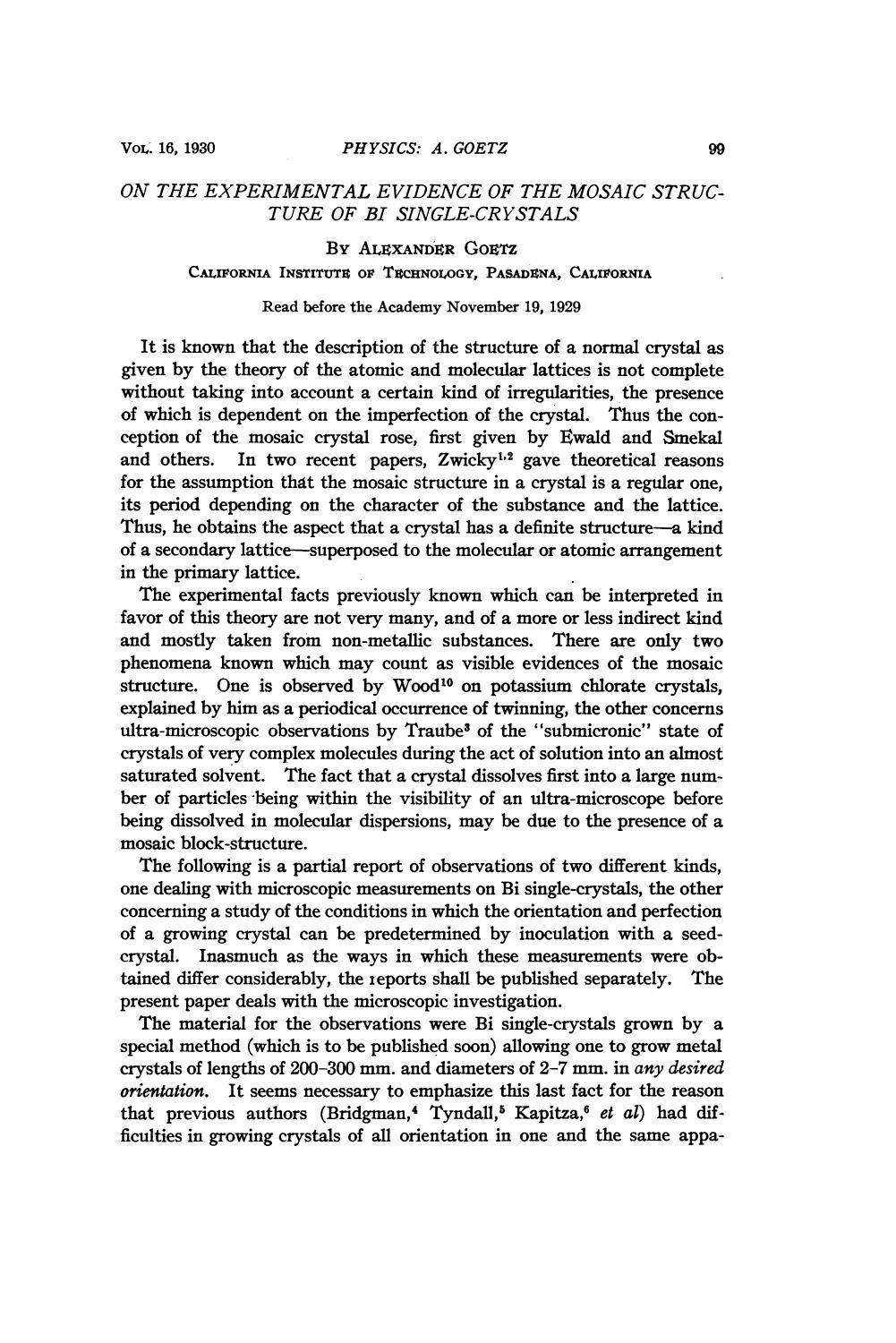 On the Experimental Evidence of the Mosaic Structure of Bi-Single Crystals by Goetz A