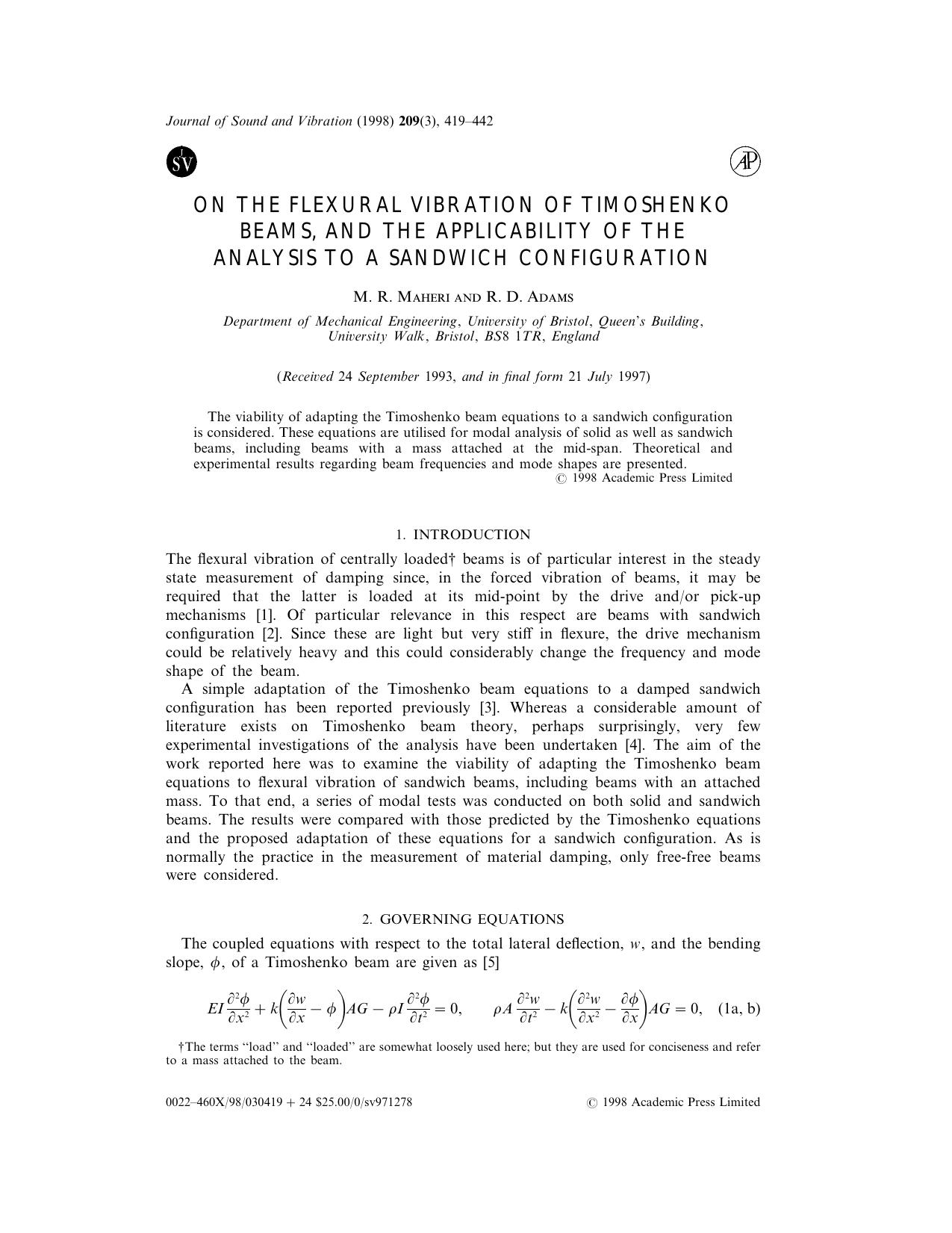 On the Flexural Vibration of Timoshenko Beams, and the Applicability of the Analysis to a Sandwich Configuration by Maheri M. R. & Adams R. D