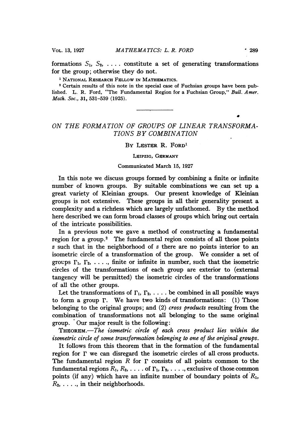 On the Formation of Groups of Linear Transformations by Combination by Ford L. R
