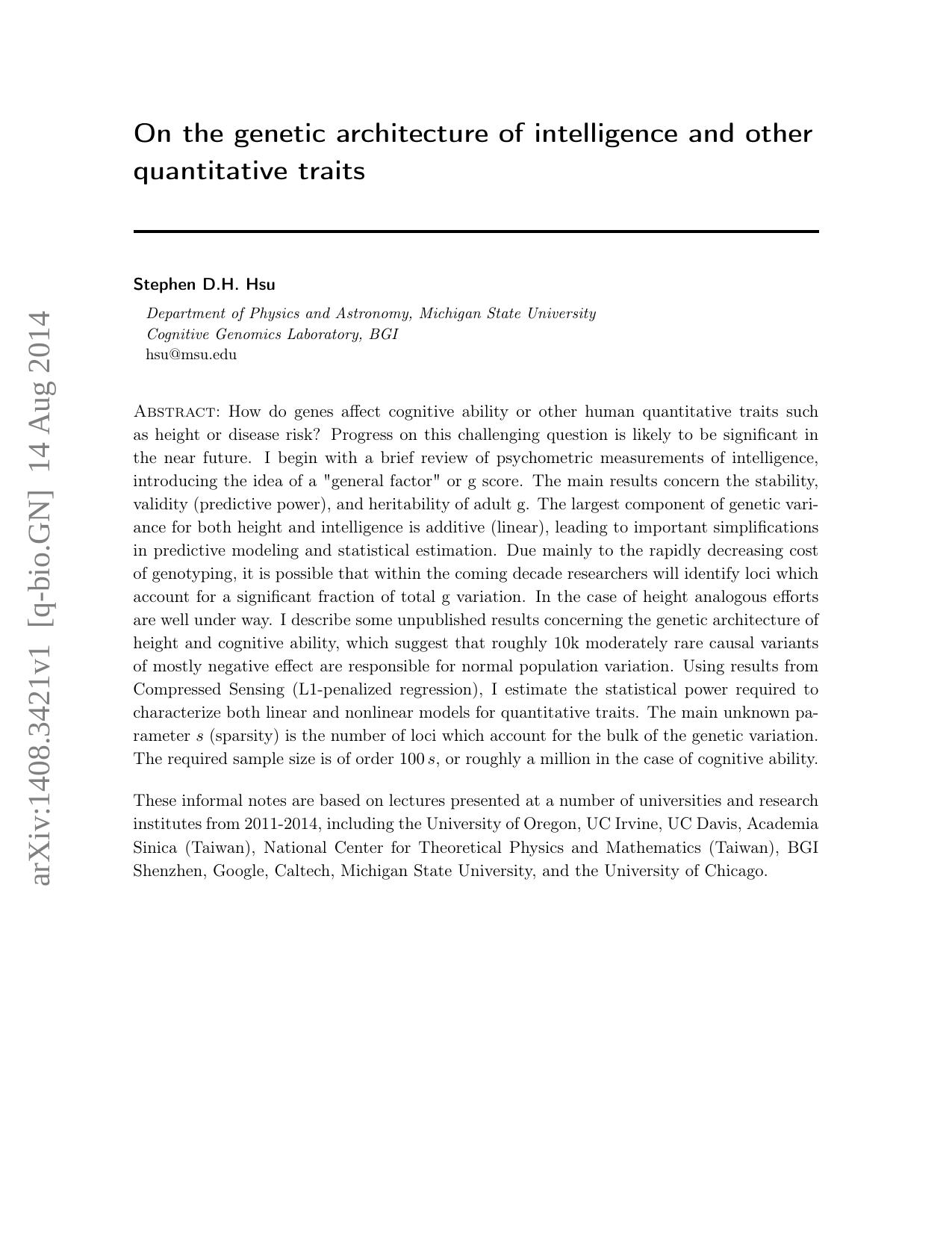 On the Genetic Architecture of Intelligence and Other Quantitative Traits (2014) by Stephen D. H. Hsu by Unknown