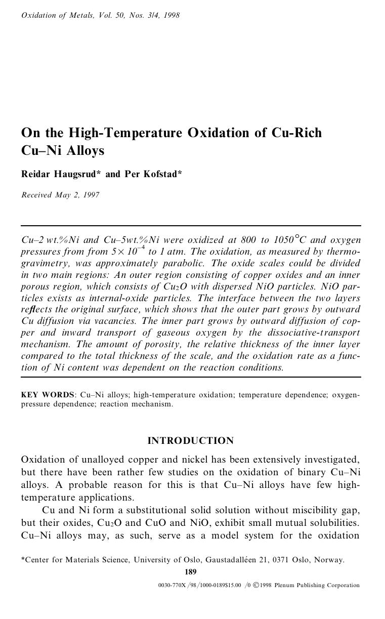 On the High-Temperature Oxidation of Cu-Rich Cu-Ni Alloys by Unknown