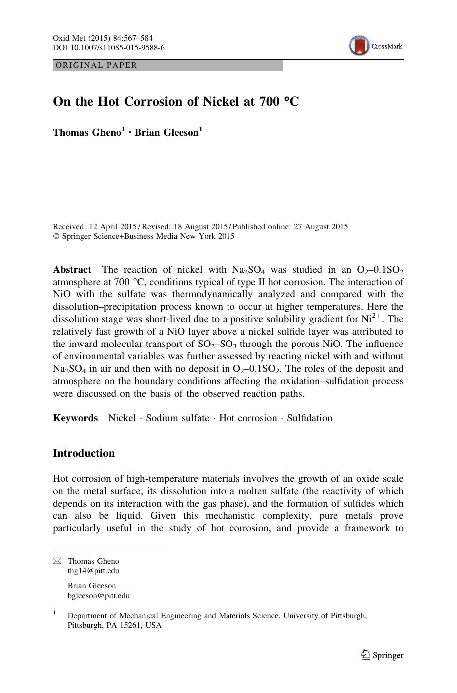 On the Hot Corrosion of Nickel at 700 Â°C by Thomas Gheno & Brian Gleeson