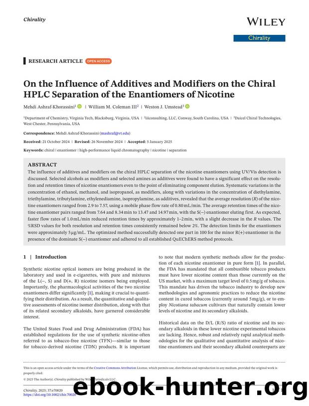 On the Influence of Additives and Modifiers on the Chiral HPLC Separation of the Enantiomers of Nicotine by Unknown