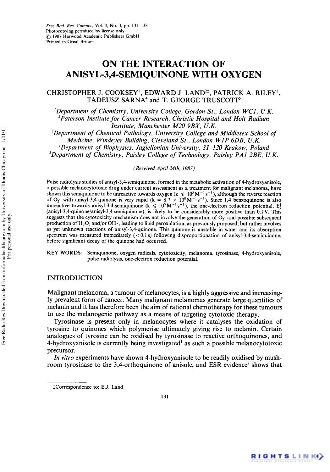 On the Interaction of Anisyl-3,4-Semiquinone with Oxygen by Christopher J. Cooksey1 Edward J. Land2 Patrick A. Riley3 Tadeusz Sarna4 & T. George Truscott5