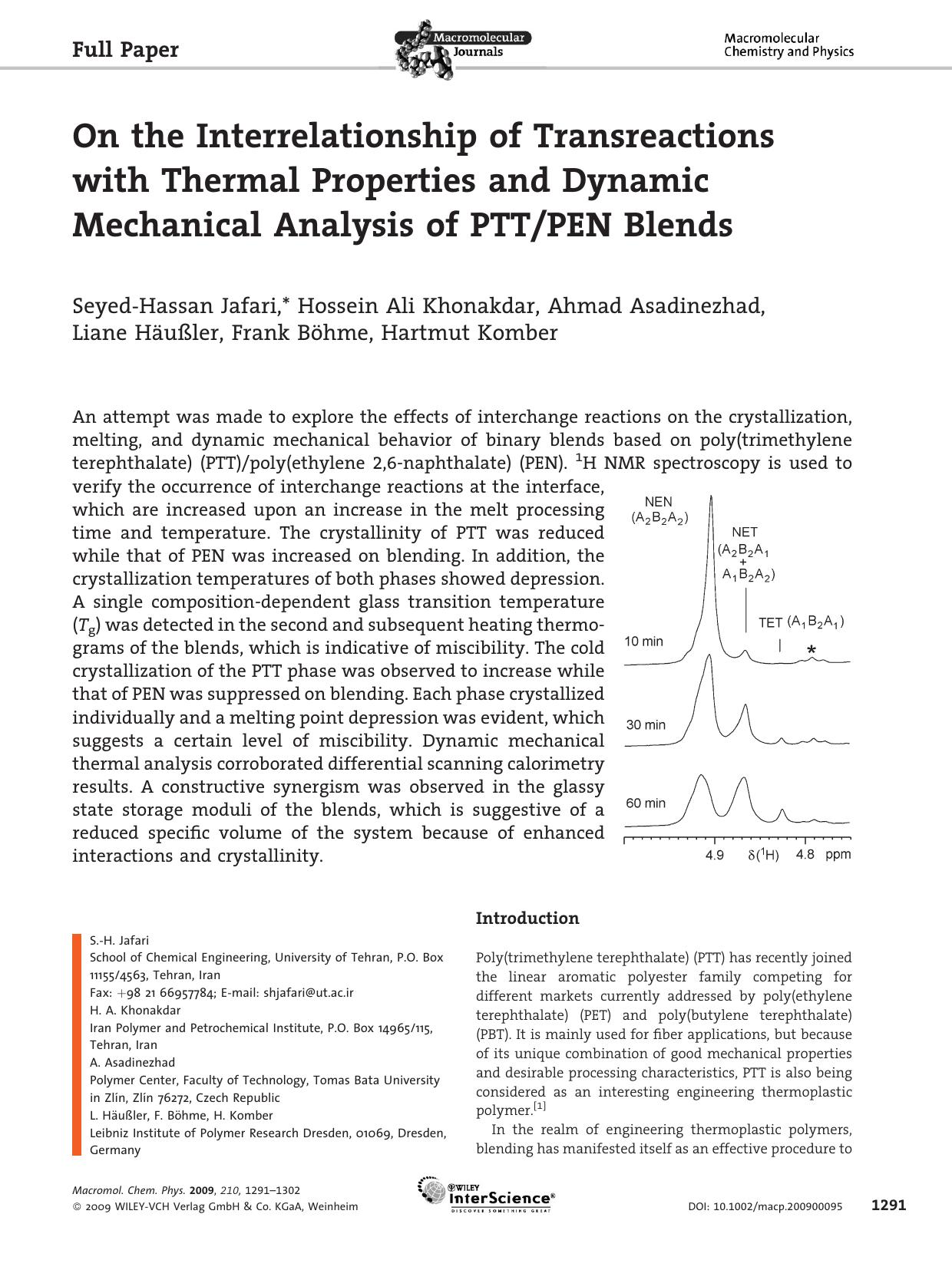 On the Interrelationship of Transreactions with Thermal Properties and Dynamic Mechanical Analysis of PTTPEN Blends by unknow
