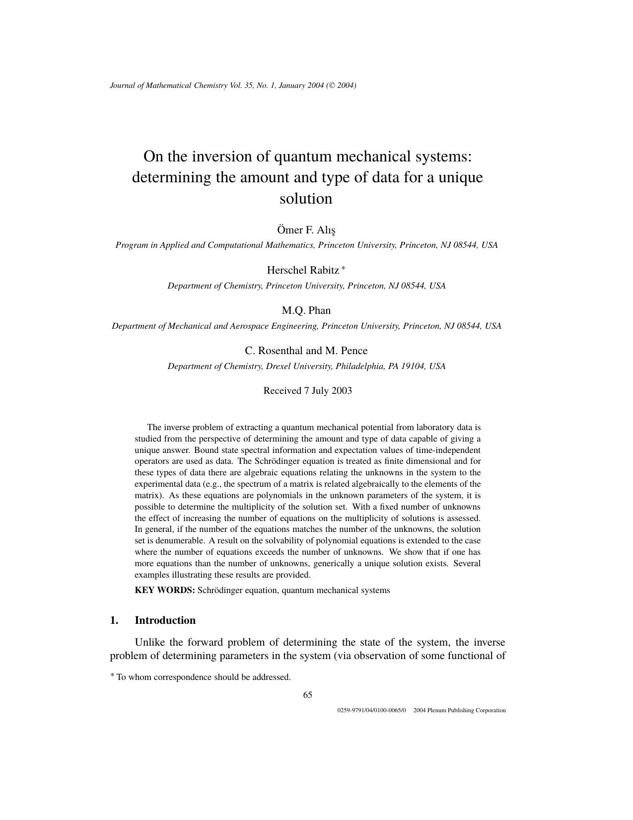 On the Inversion of Quantum Mechanical Systems: Determining the Amount and Type of Data for a Unique Solution by Unknown