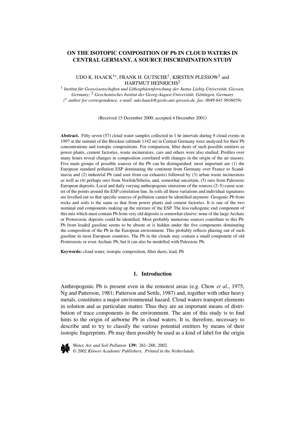 On the Isotopic Composition of Pb in Cloud Waters in Central Germany. A Source Discrimination Study by Unknown