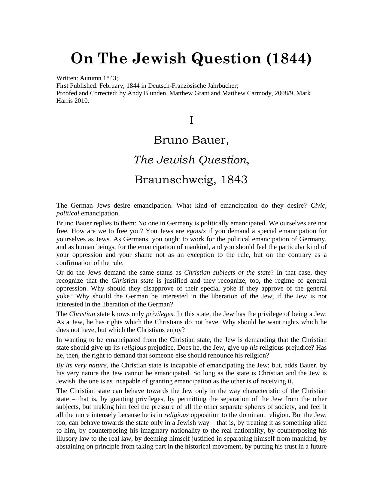 On the Jewish Question by Karl Marx