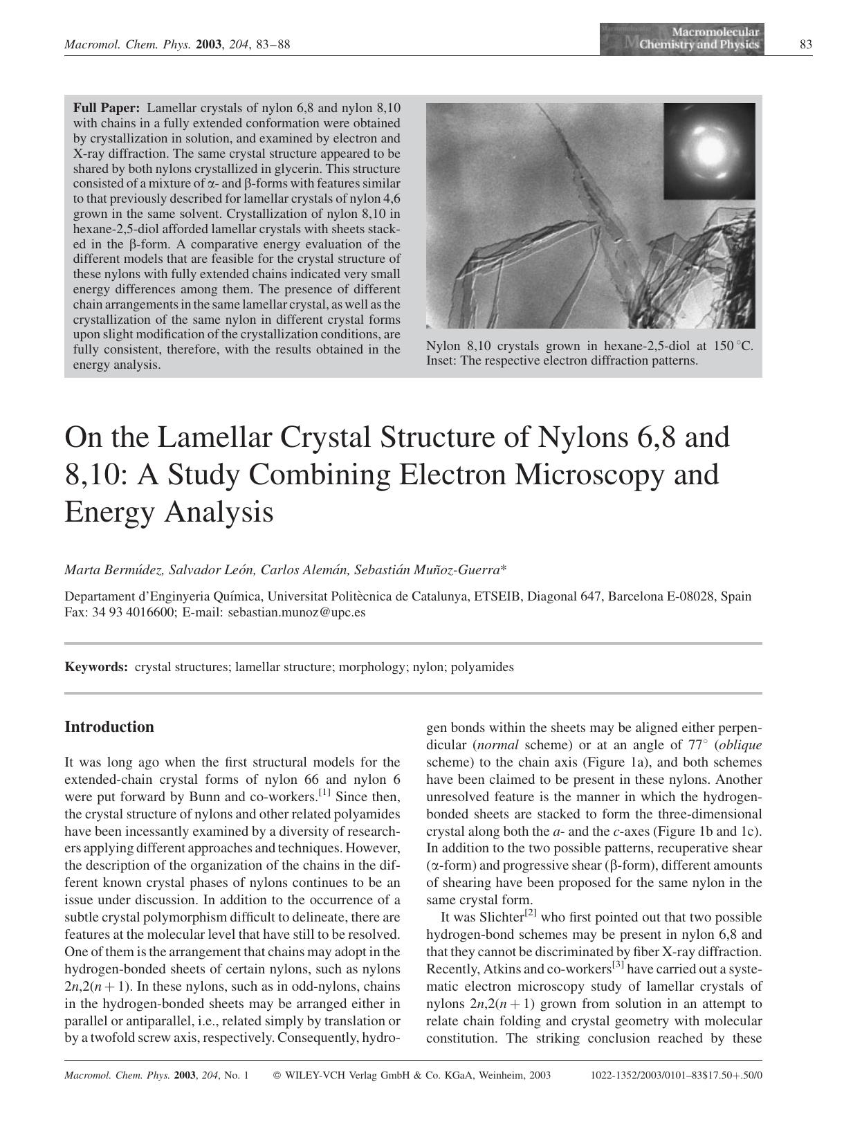 On the Lamellar Crystal Structure of Nylons 6,8 and 8,10: A Study Combining Electron Microscopy and Energy Analysis by unknow