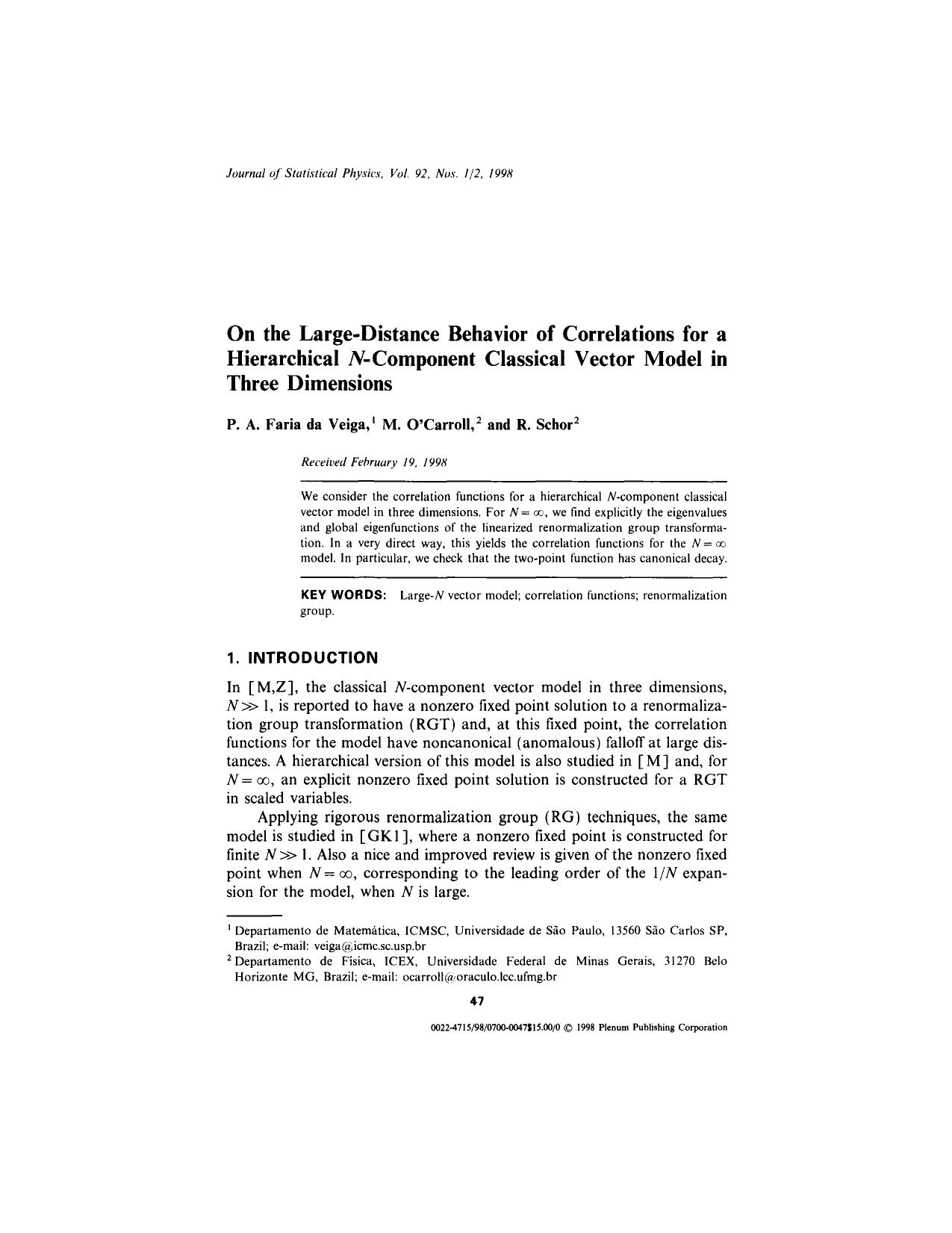 On the Large-Distance Behavior of Correlations for a Hierarchical <Emphasis Type="Italic">N<Emphasis>-Component Classical Vector Model in Three Dimensions by Unknown