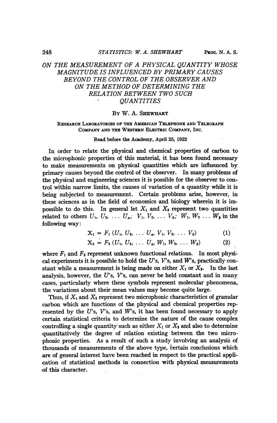 On the Measurement of a Physical Quantity Whose Magnitude is Influenced by Primary Causes beyond the Control of the Observer and on the Method of Determining the Relation between Two Such Quantities by Shewhart W. A