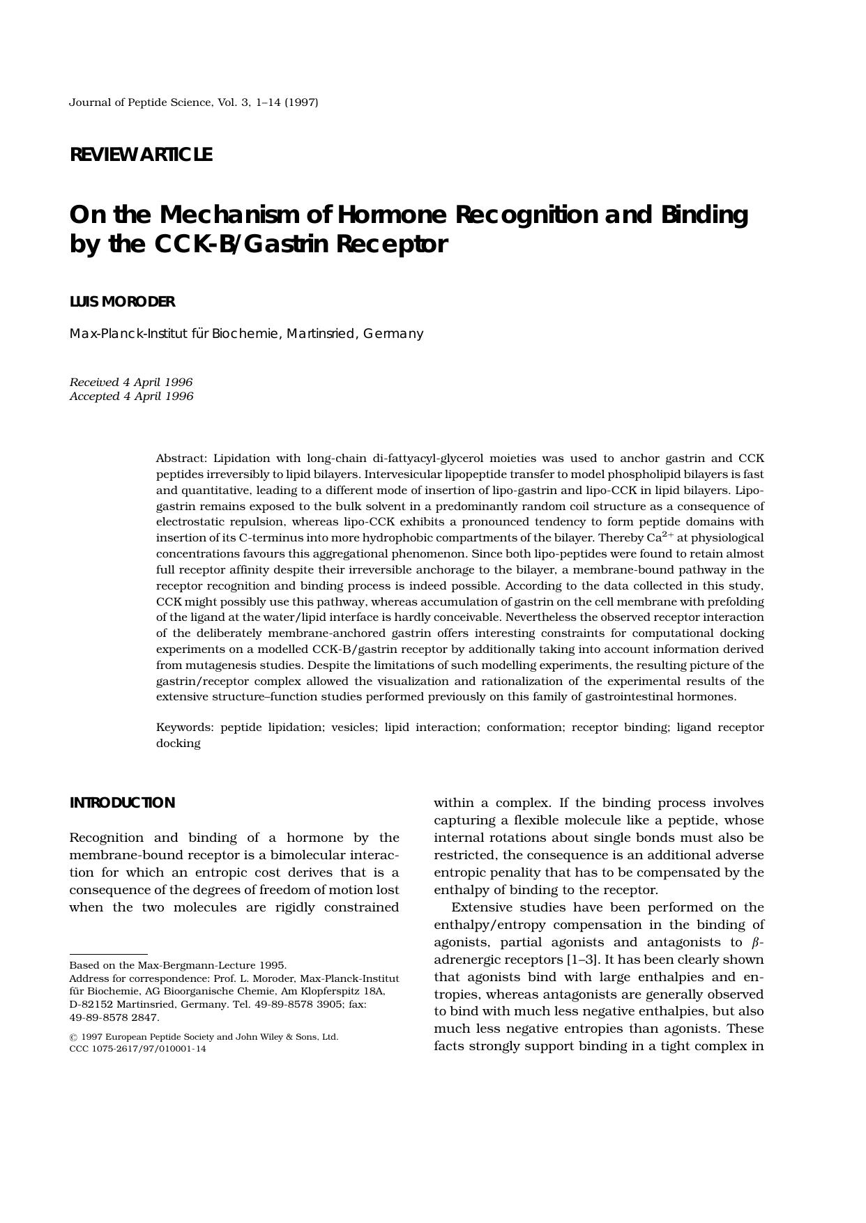 On the Mechanism of Hormone Recognition and Binding by the CCK-BGastrin Receptor by Unknown