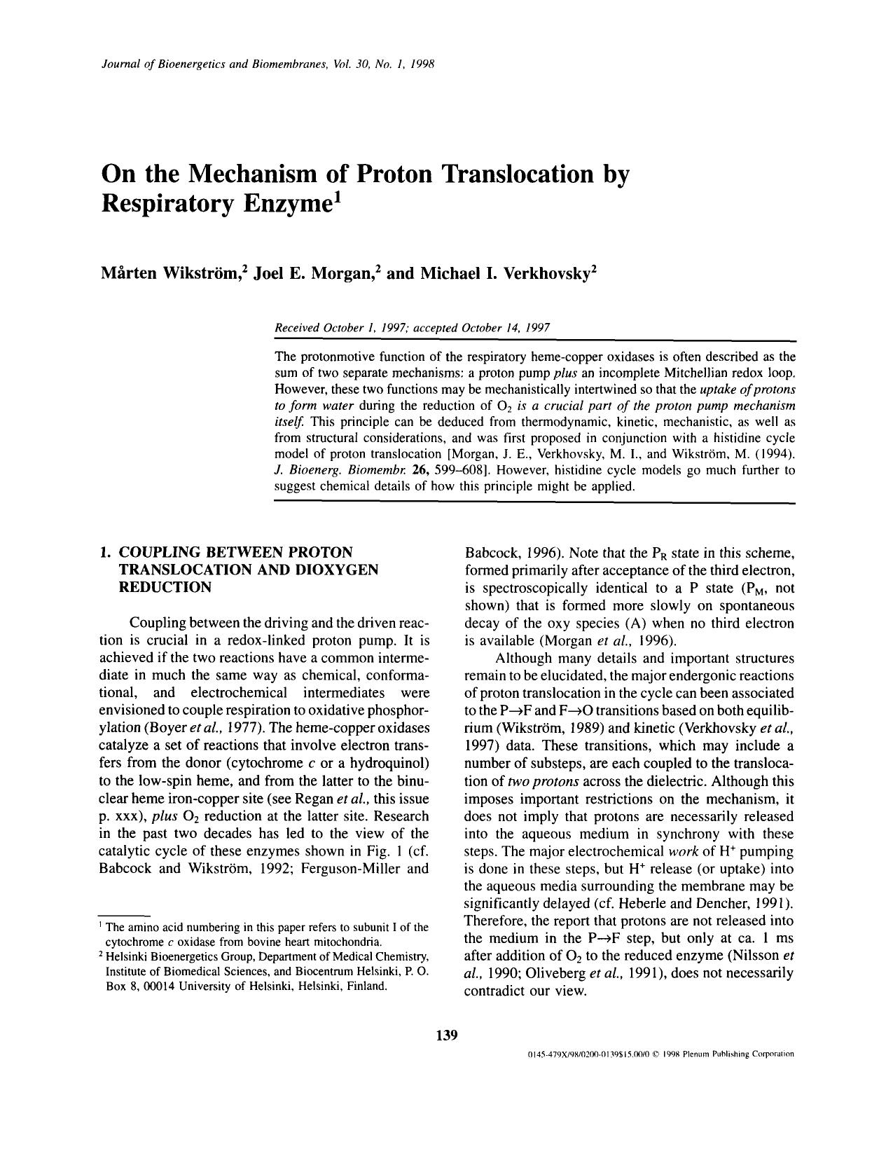 On the Mechanism of Proton Translocation by Respiratory Enzyme by Unknown