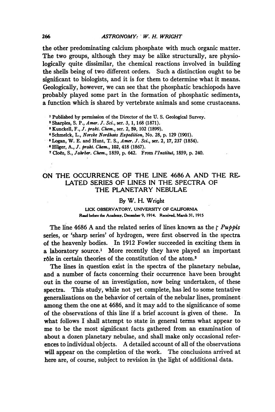 On the Occurrence of the Line 4686A and the Related Series of Lines in the Spectra of the Planetary Nebulae by Wright W. H