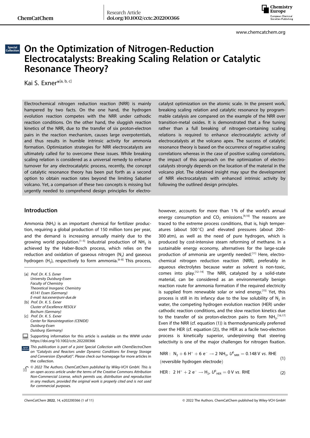On the Optimization of NitrogenâReduction Electrocatalysts: Breaking Scaling Relation or Catalytic Resonance Theory? by Unknown