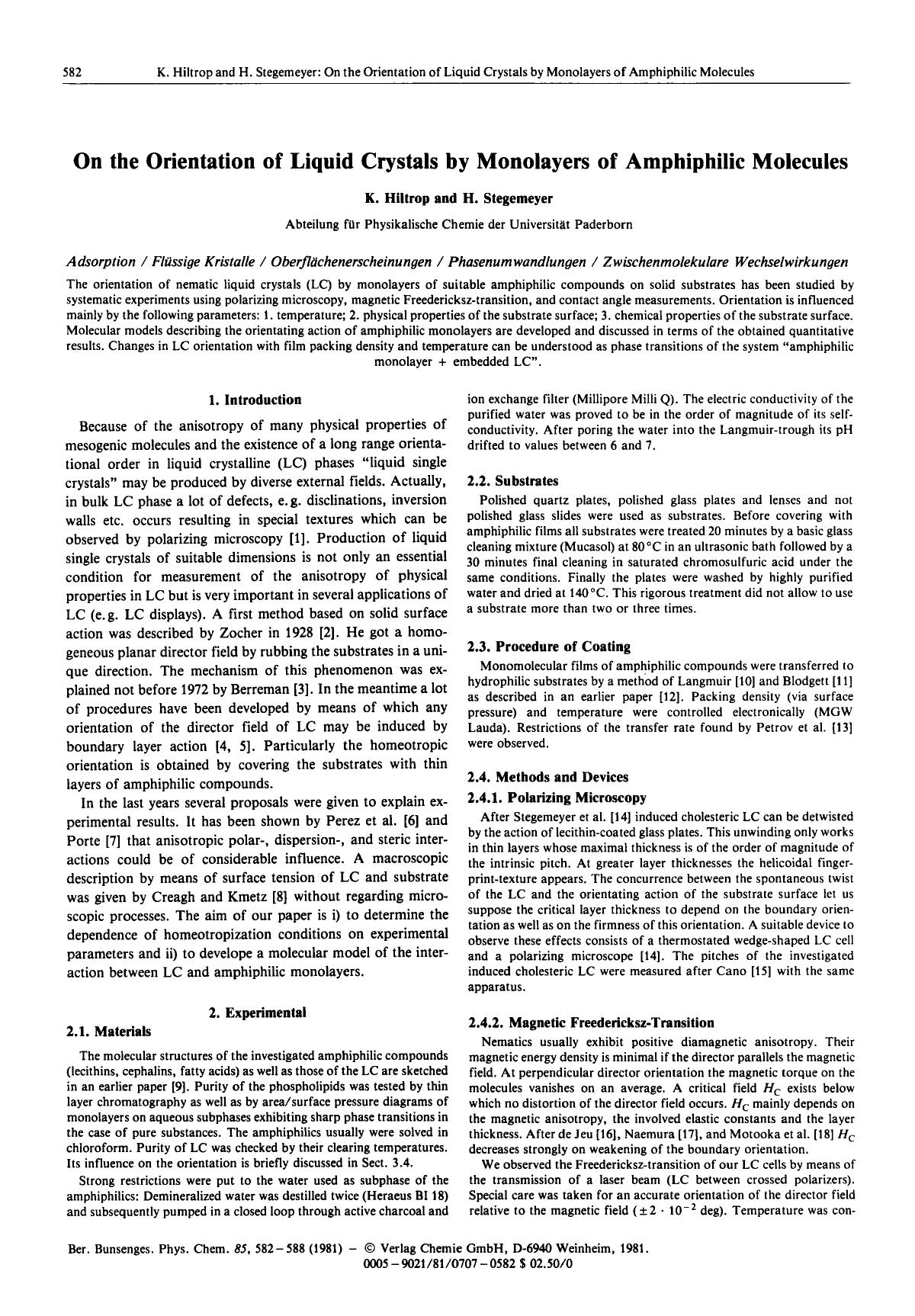 On the Orientation of Liquid Crystals by Monolayers of Amphiphilic Molecules by Unknown