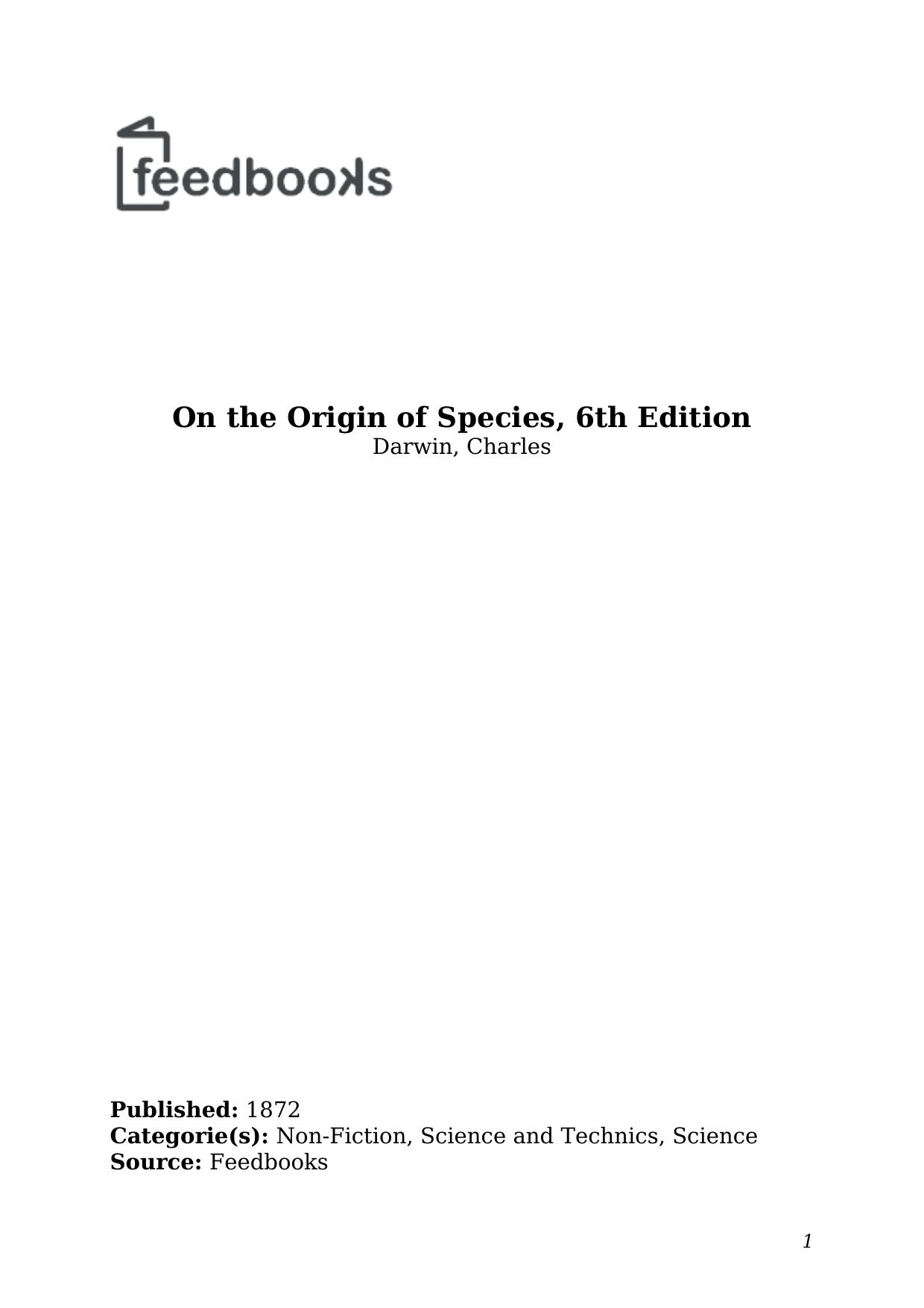 On the Origin of Species, 6th Edition by Darwin Charles