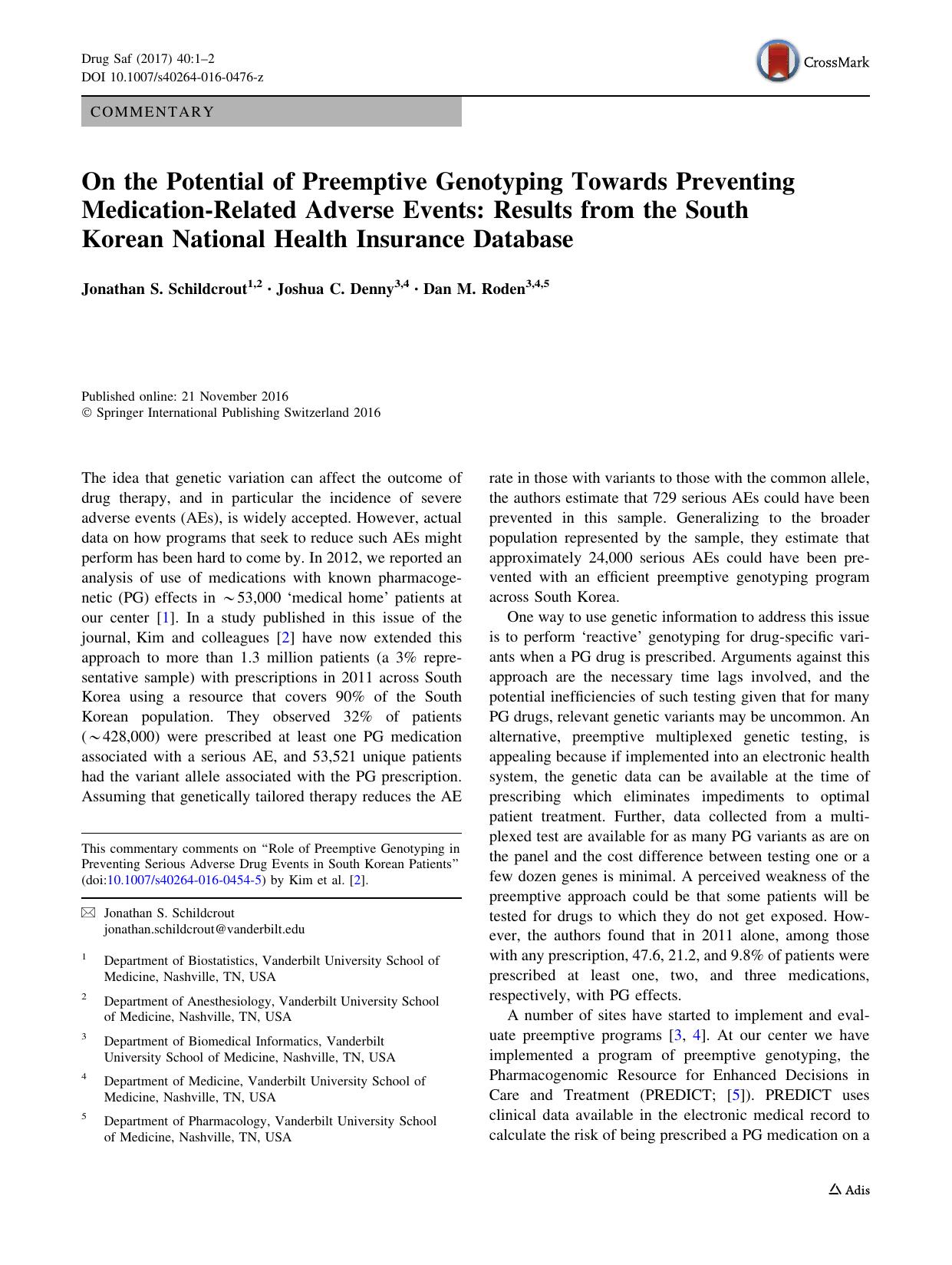 On the Potential of Preemptive Genotyping Towards Preventing Medication-Related Adverse Events: Results from the South Korean National Health Insurance Database by Jonathan S. Schildcrout & Joshua C. Denny & Dan M. Roden