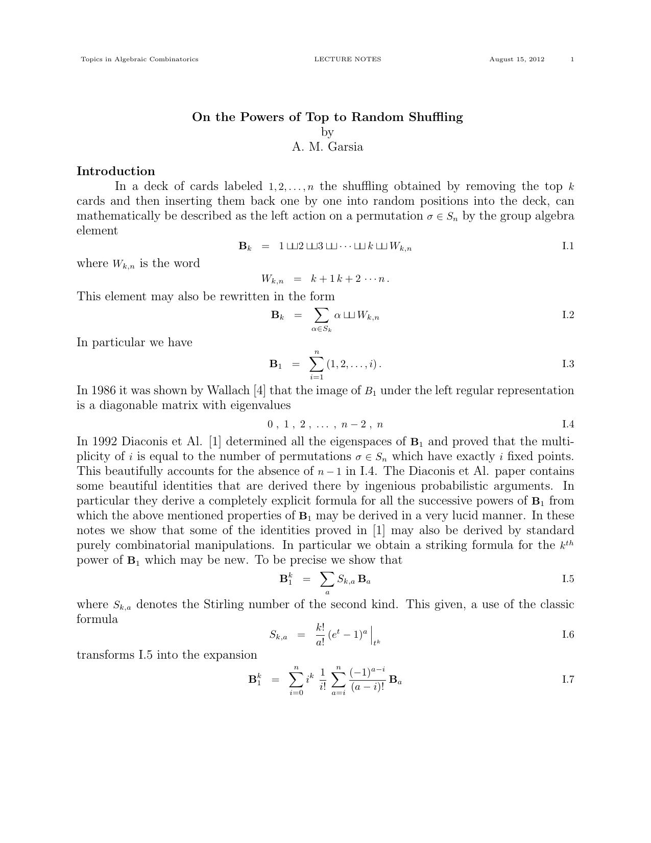 On the Powers of Top to Random Shuffling by Adriano M. Garsia