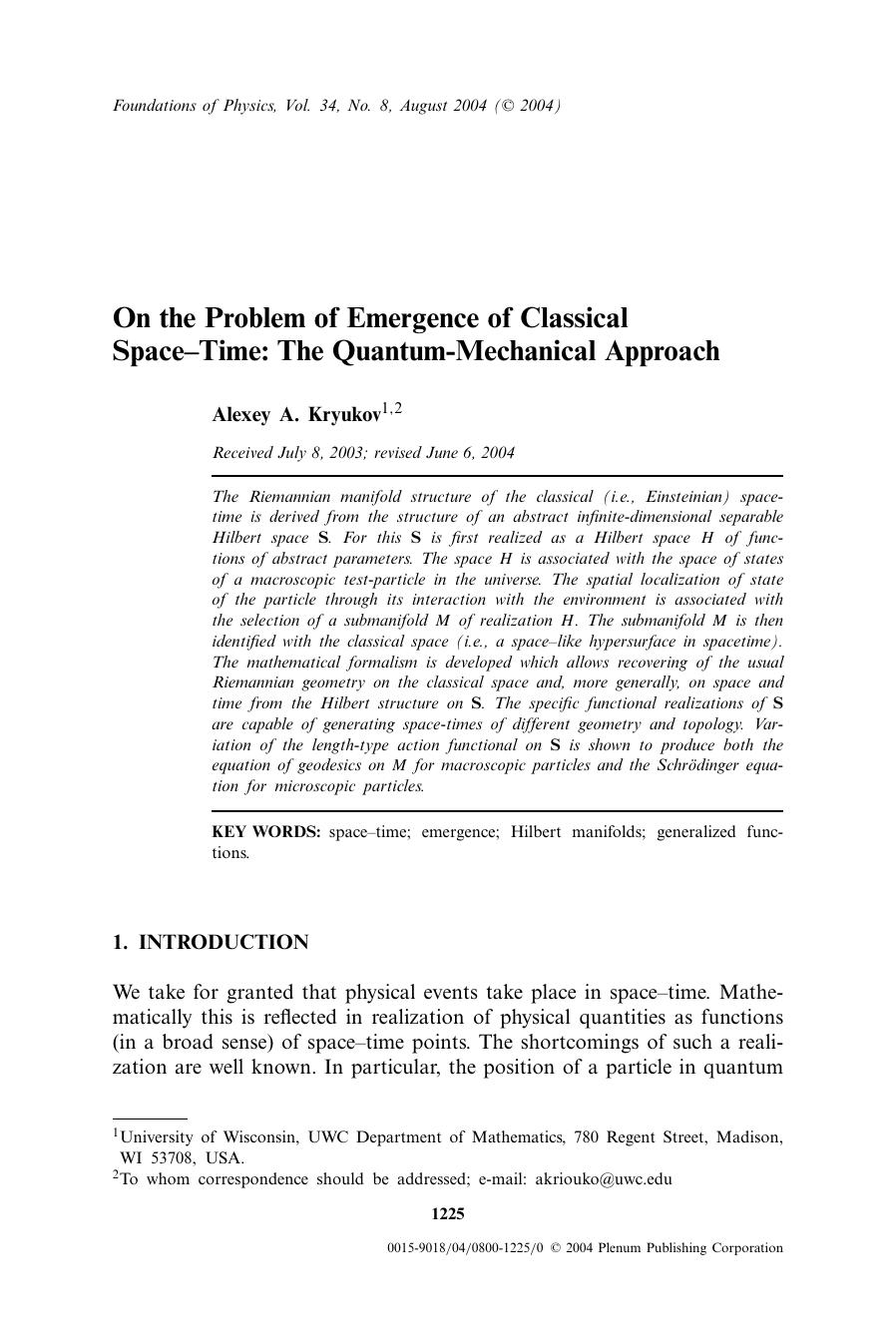 On the Problem of Emergence of Classical Space—Time: The Quantum-Mechanical Approach by Unknown
