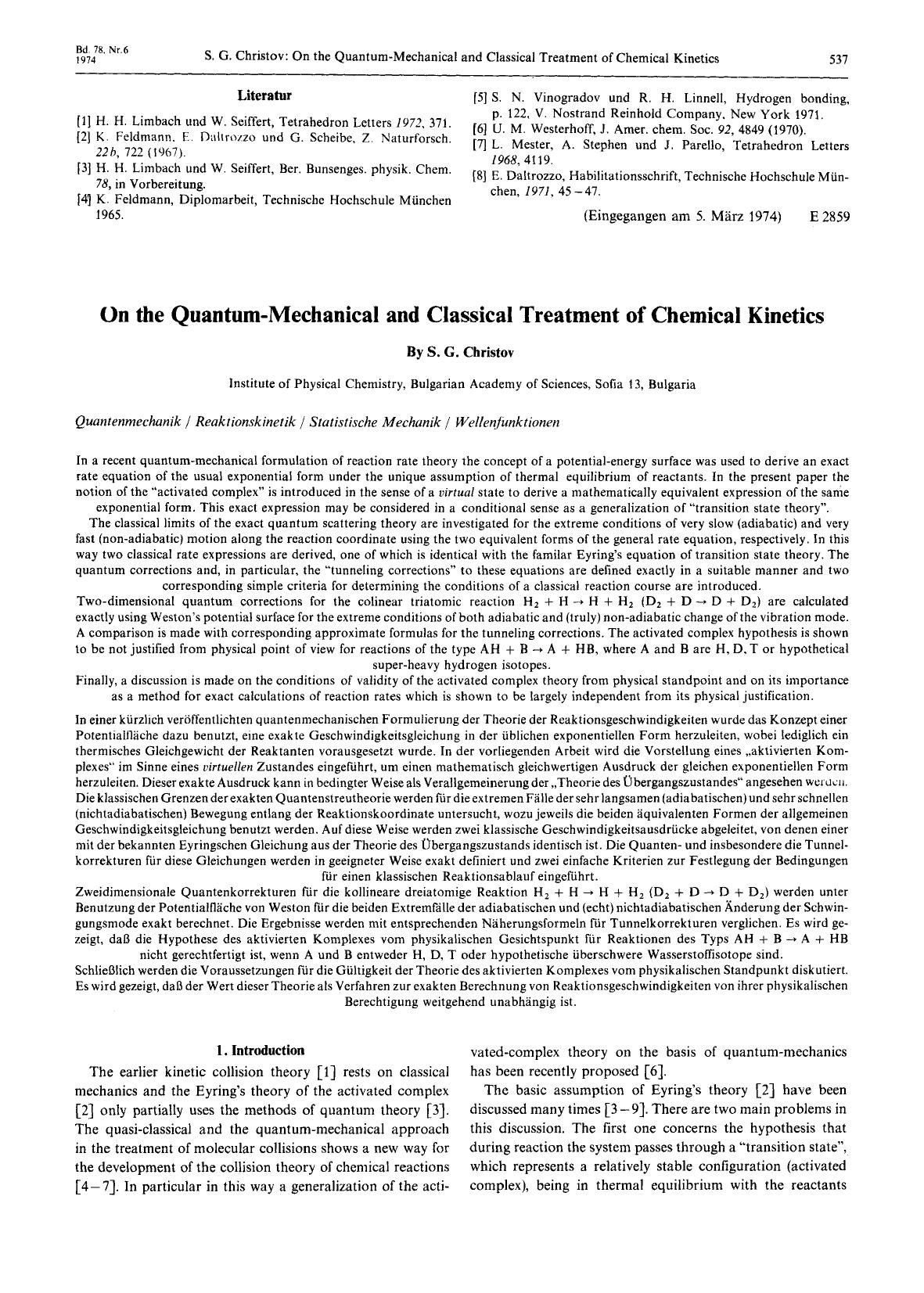 On the Quantum-Mechanical and Classical Treatment of Chemical Kinetics by Unknown