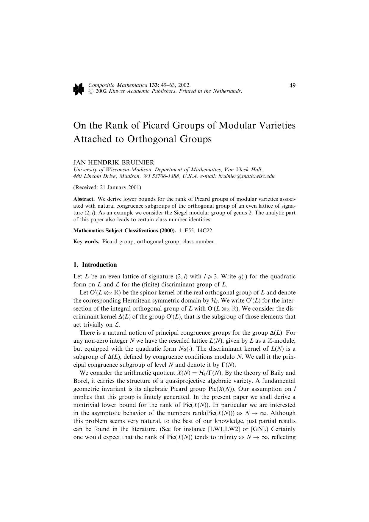On the Rank of Picard Groups of Modular Varieties Attached to Orthogonal Groups by Unknown