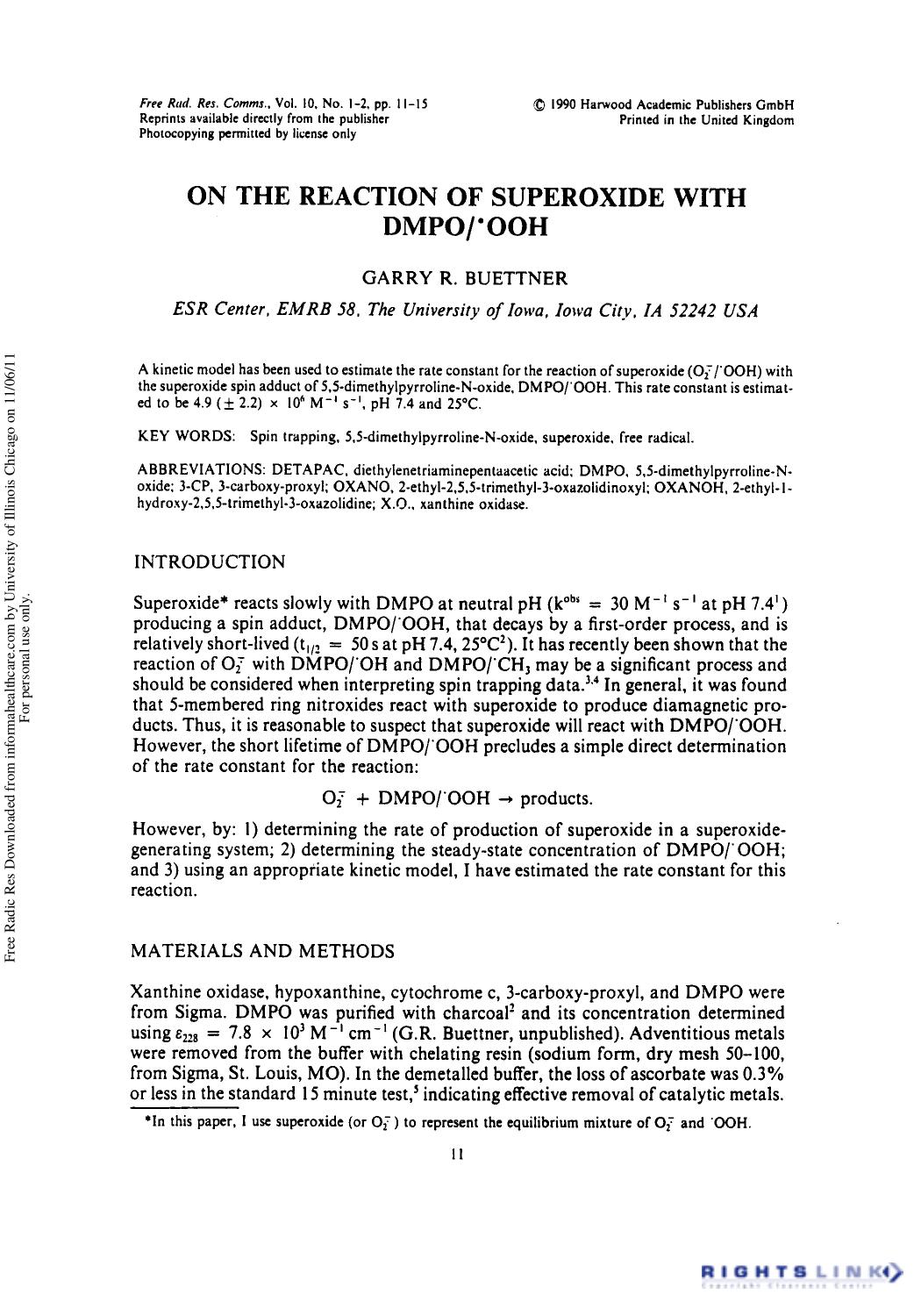 On the Reaction of Superoxide With DMPO*OOH by Garry R. Buettner
