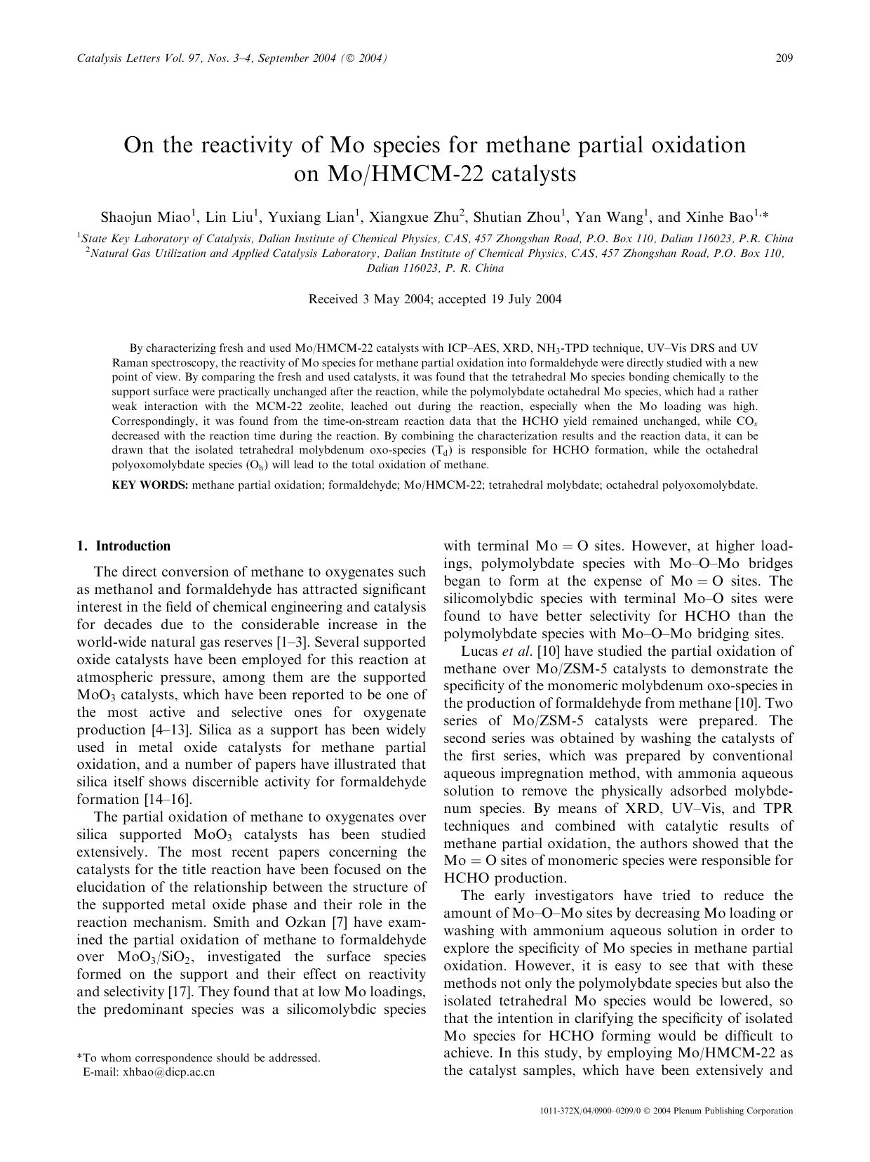On the Reactivity of Mo Species for Methane Partial Oxidation on MoHMCM-22 Catalysts by Unknown