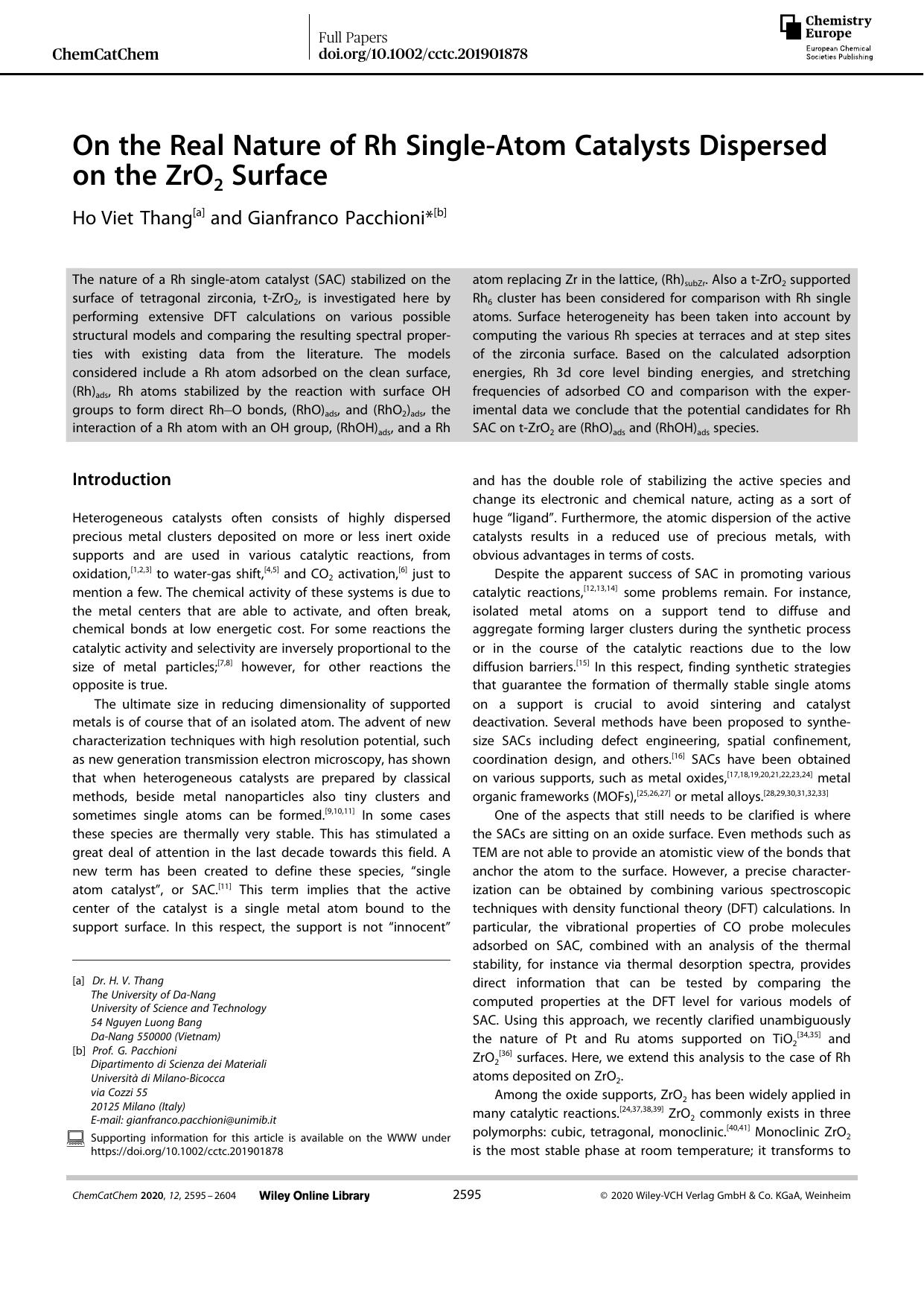 On the Real Nature of Rh SingleâAtom Catalysts Dispersed on the ZrO2 Surface by Unknown