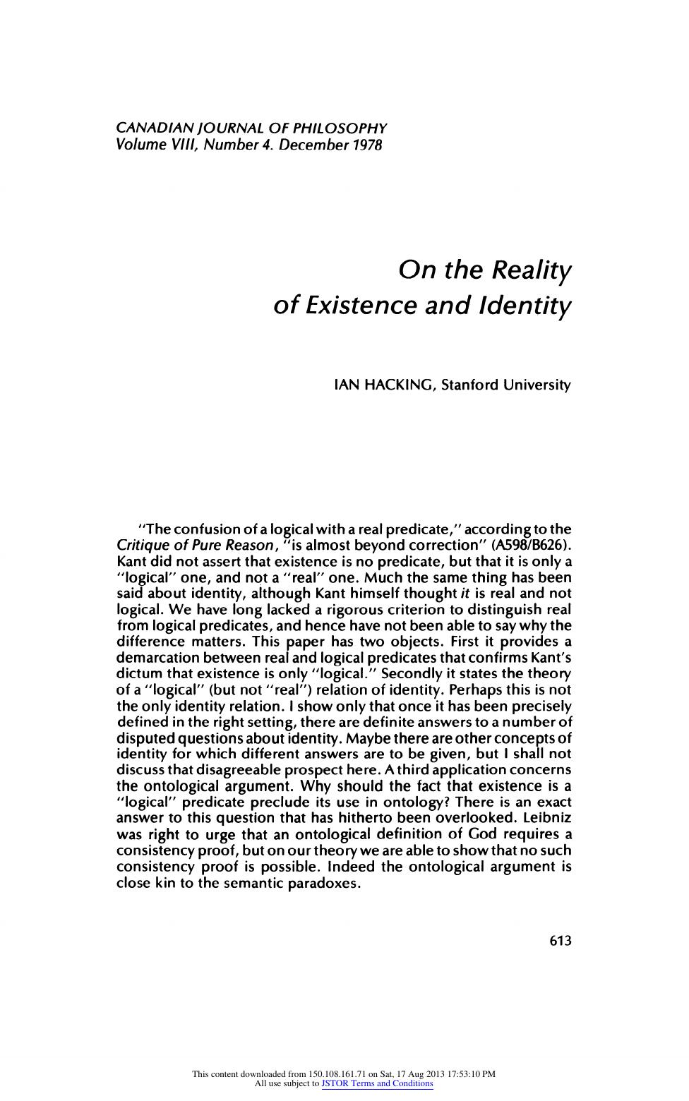 On the Reality of Existence and Identity by On the Reality of Existence & Identity (1978)