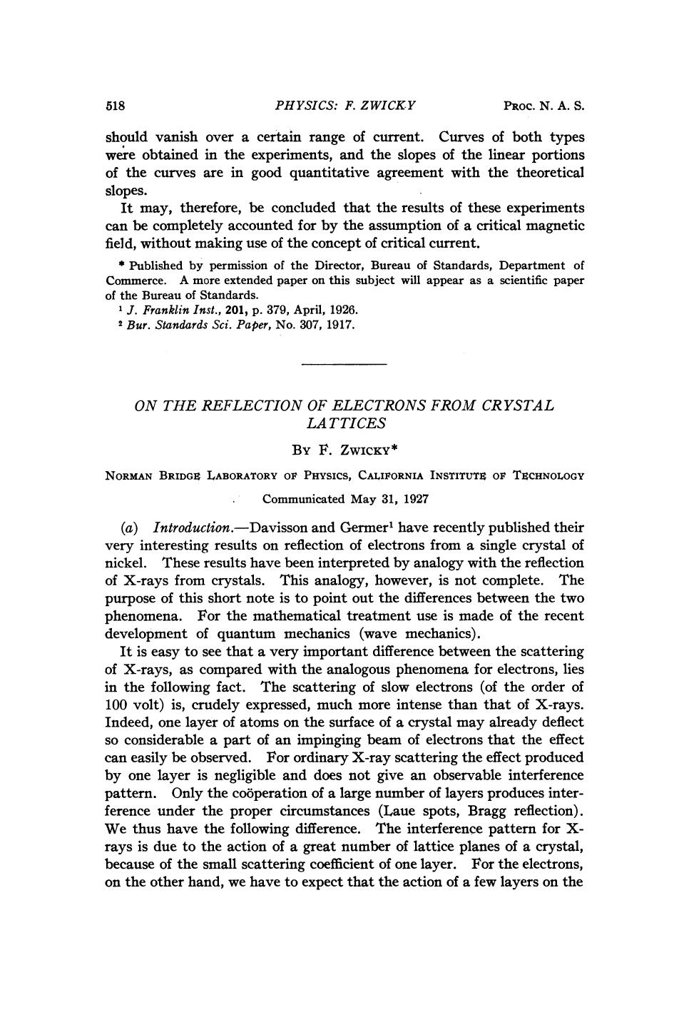On the Reflection of Electrons from Crystal Lattices by Zwicky F