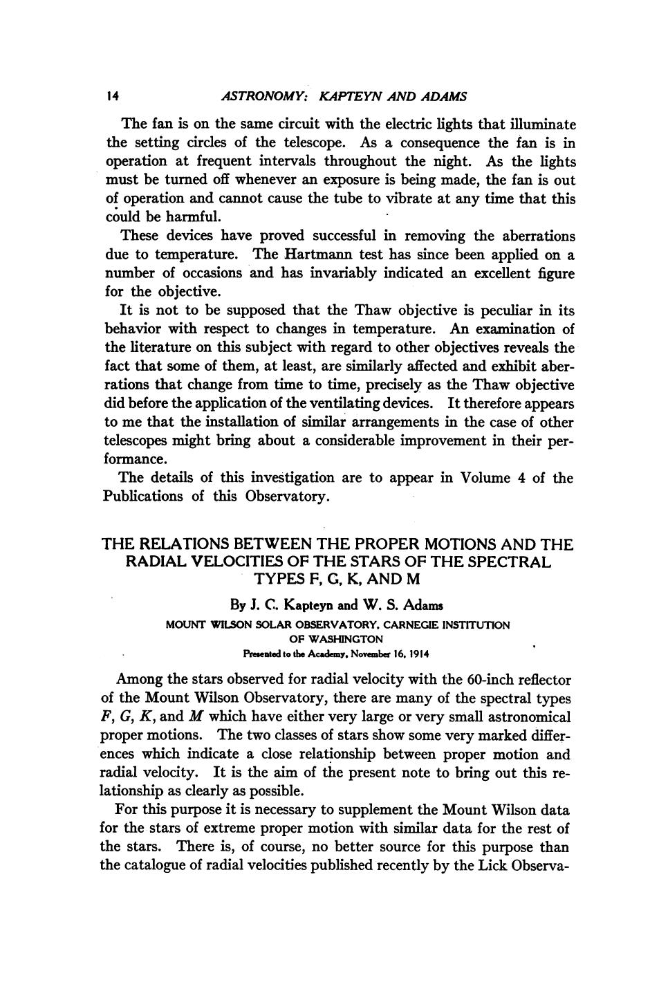 On the Relation Between the Proper Motions and the Radial Velocities of the Stars of the Spectral Types F, G, K, and M by Kapteyn J. C. Adams W. S