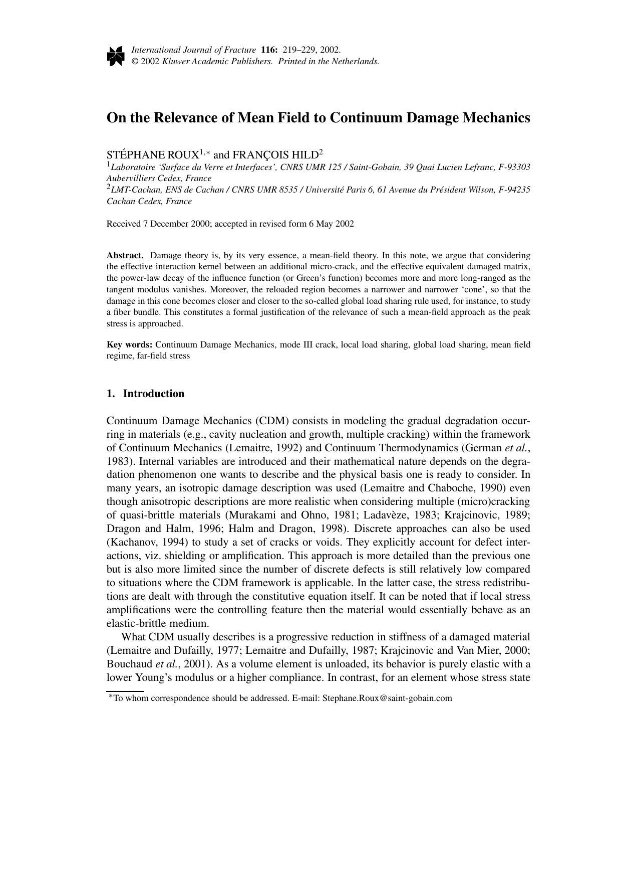 On the Relevance of Mean Field to Continuum Damage Mechanics by Unknown