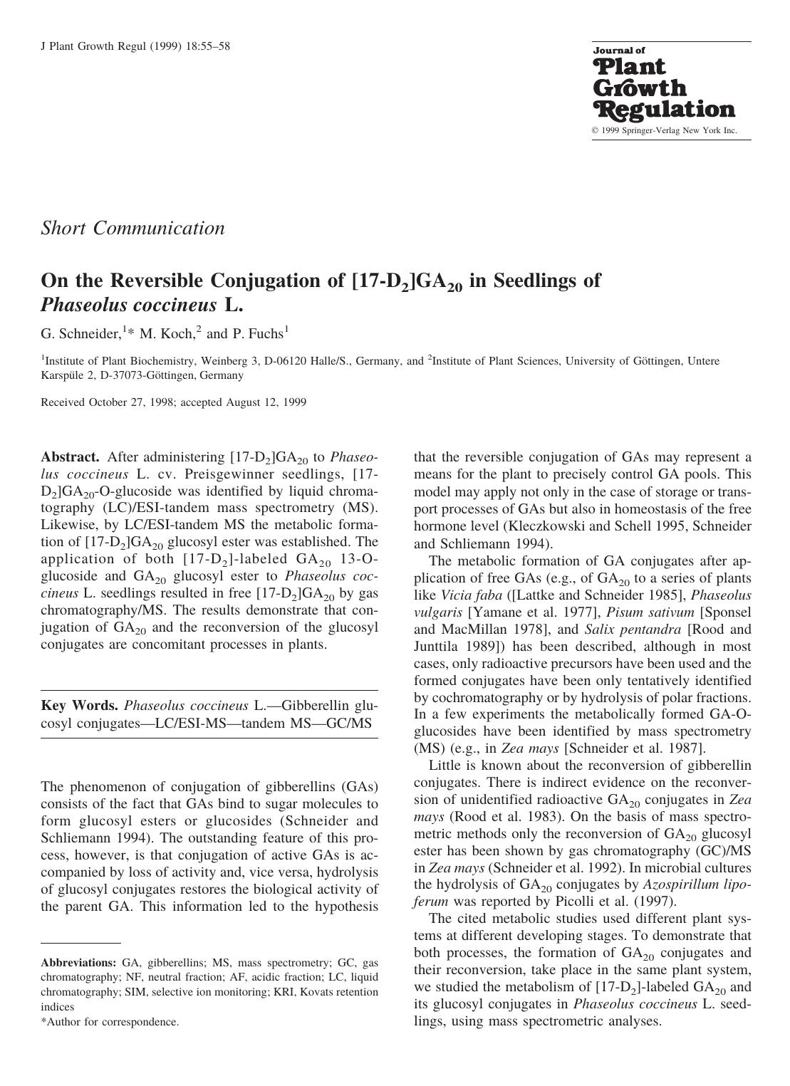 On the Reversible Conjugation of [17-D2 ]GA20 in Seedlings of Phaseolus coccineus L. by Schneider G. et al