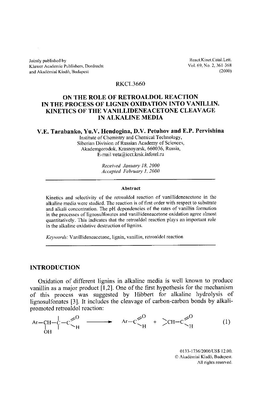 On the Role of Retroaldol Reaction in the Process of Lignin Oxidation into Vanillin. Kinetics of the Vanillideneacetone Cleavage in Alkaline Media by Unknown