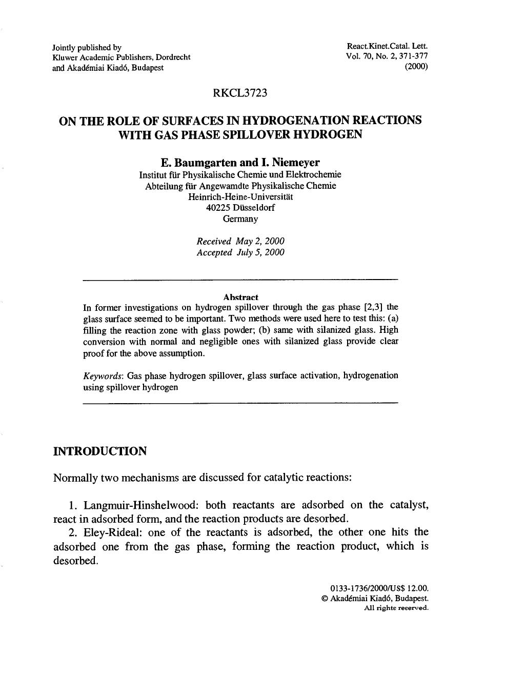 On the Role of Surfaces in Hydrogenation Reactions with Gas Phase Spillover Hydrogen by Unknown
