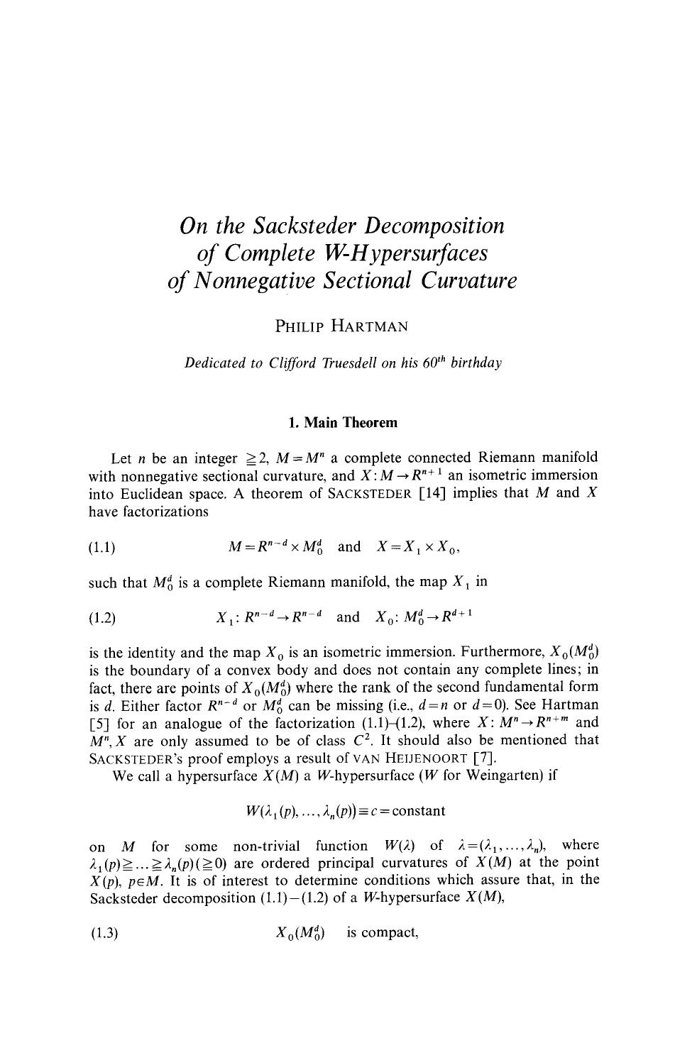 On the Sacksteder decomposition of complete W-hypersurfaces of nonnegative sectional curvature by Unknown