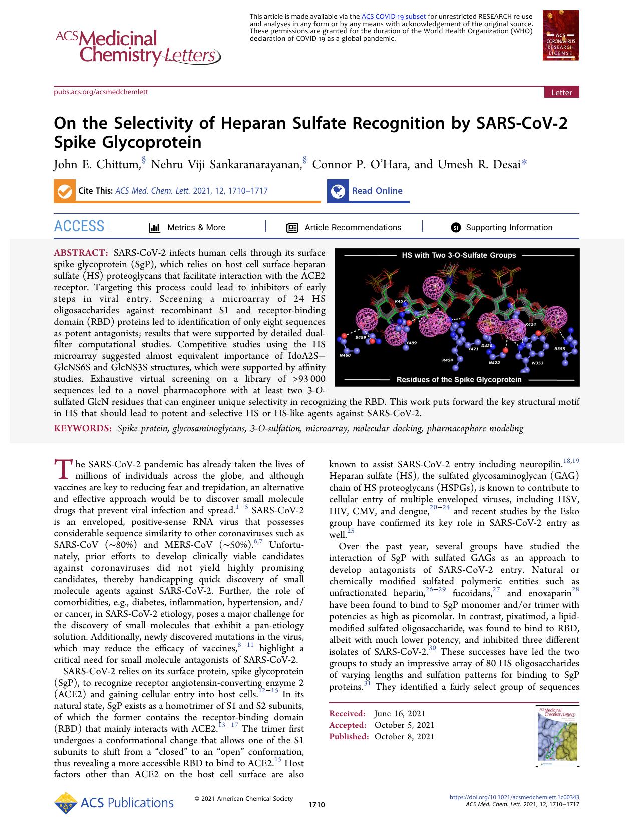 On the Selectivity of Heparan Sulfate Recognition by SARS-CoV-2 Spike Glycoprotein by John E. Chittum Nehru Viji Sankaranarayanan Connor P. O’Hara and Umesh R. Desai