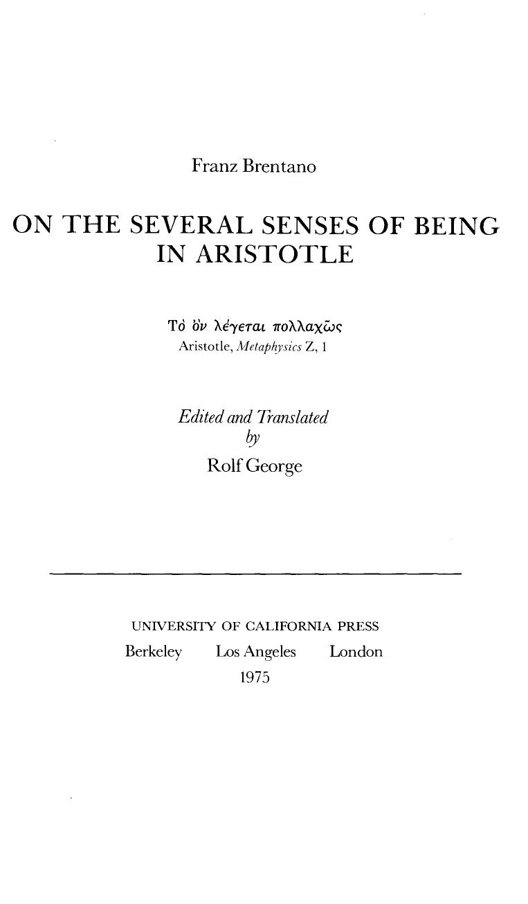 On the Several Senses of Being in Aristotle by Franz Brentano