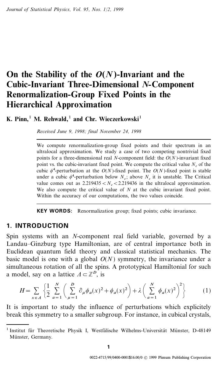 On the Stability of the O(N)-Invariant and the Cubic-Invariant Three-Dimensional N-Component Renormalization-Group Fixed Points in the Hierarchical Approximation by Unknown