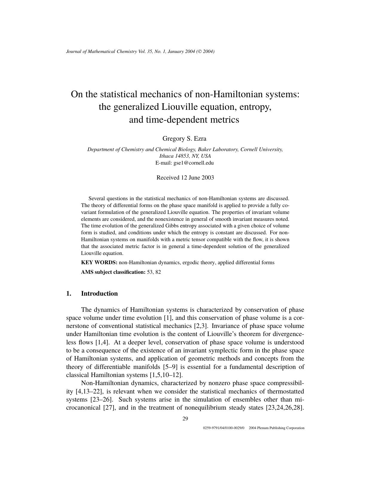 On the Statistical Mechanics of Non-Hamiltonian Systems: The Generalized Liouville Equation, Entropy, and Time-Dependent Metrics by Unknown