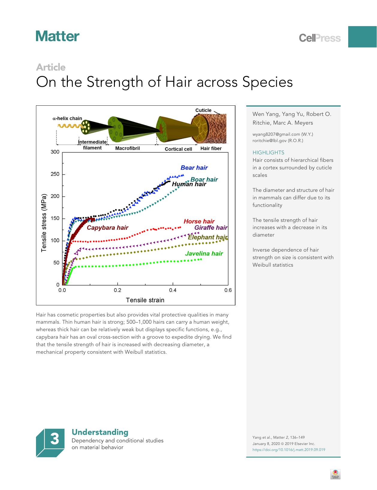 On the Strength of Hair across Species by Wen Yang & Yang Yu & Robert O. Ritchie & Marc A. Meyers