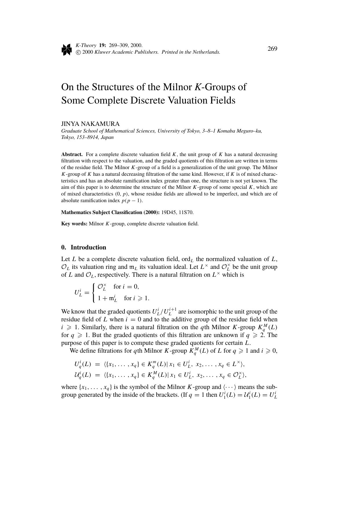 On the Structures of the Milnor K-Groups of Some Complete Discrete Valuation Fields by Unknown