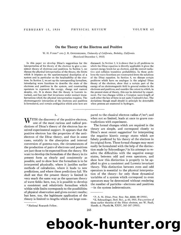 On the Theory of the Electron and Positive by W. H. Furry & J. R. Oppenheimer